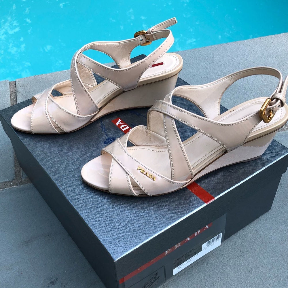 Prada Logo Strappy Low Wedge Sandals Sz 37.5 - Picture 2 of 10